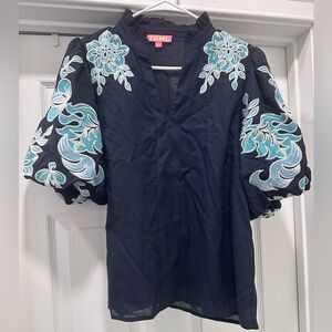 THML Navy with Teal Embroidery Puff Sleeve Blouse